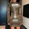 Women's Sparkly Ruched Bodycon Dress Sexy Deep V Neck Long Sleeve Mini Dress Metallic Party Club Night Dress