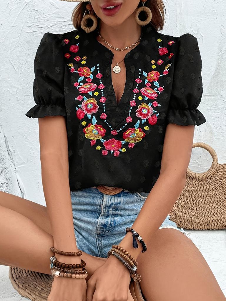 Europäisches und amerikanisches neues floral besticktes Rüschenkanten-Hemd Damen V-Ausschnitt Pullover Top Damen