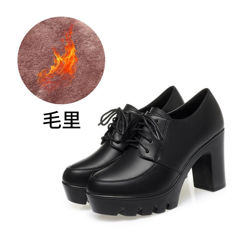 Spring and Autumn soft leather women's shoes black waterproof table high heel platform women's lace-up single shoes mother leather shoes