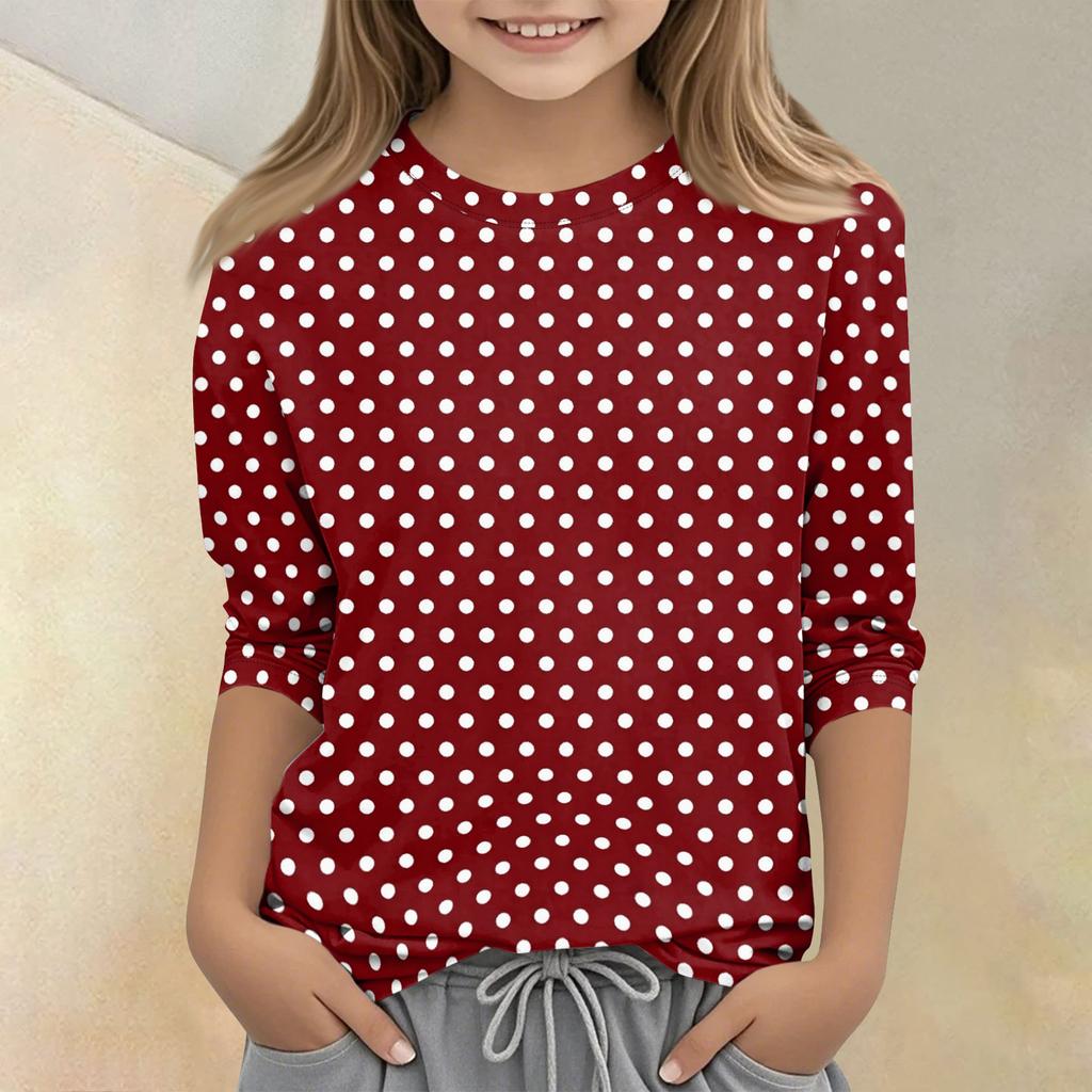 Kids Polka Dot Print Crew Neck Three Quarter Sleeve Casual T Shirt Lightweight Soft Fabric Comfortable Fit for Everyday Wear