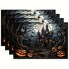 4/6pcs Linen Placemats Set, Pumpkin Castle & Bat Design, 12x18 Inches, Perfect for Kitchen Dining Decor, Home Party, and Holiday Celebrations