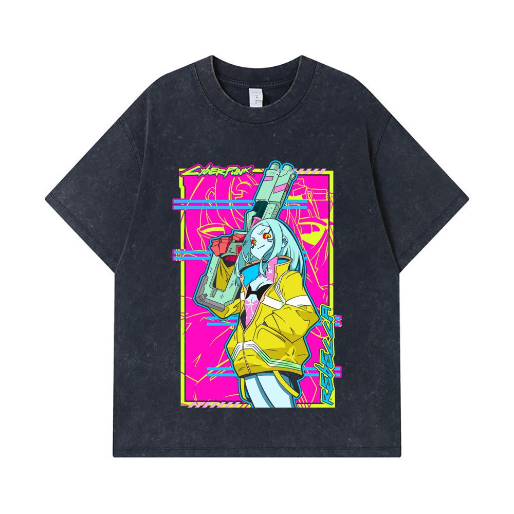 275 GSM Washed T-shirts 100% Cotton Cyberpunk Edgerunners V6 Rebecca Print Unisex Heavy Cotton T Shirt