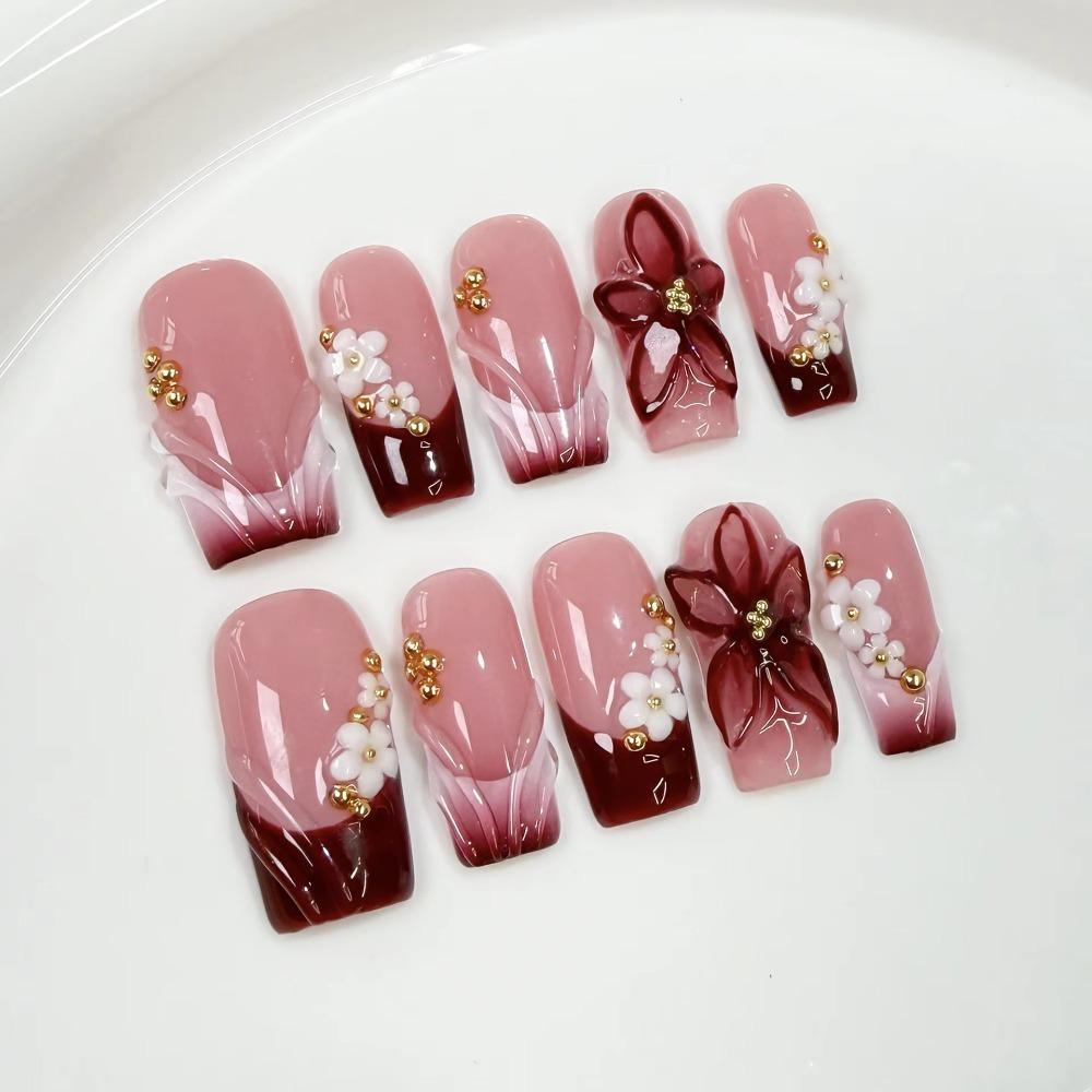 10Pcs Pink Flower Designs False Nails Sweet Extended Nail Extensions Fake Nail Tips  Nail Tool