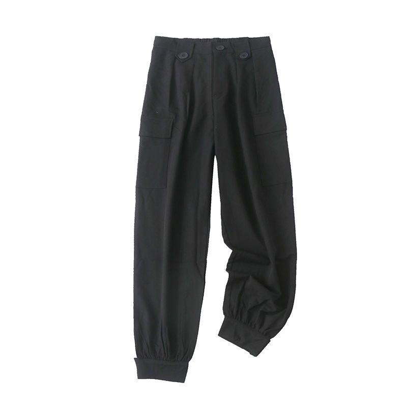 Casual Half Elastic High Waist Zipper Drawstring Cargo Pants