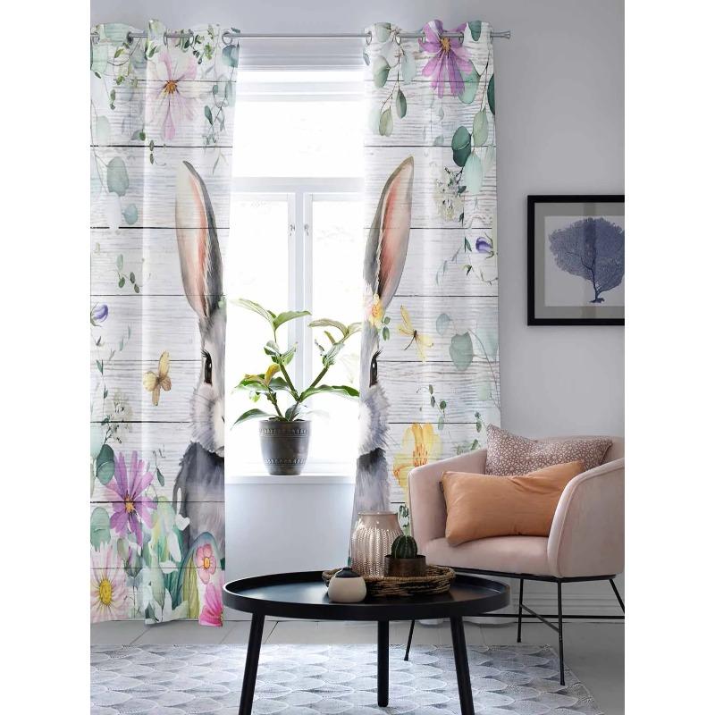 Easter Spring Flowers Bunny Wood Grain Window Curtains for Living Room Bedroom Curtain Modern Kitchen Blinds Drapes Curtains