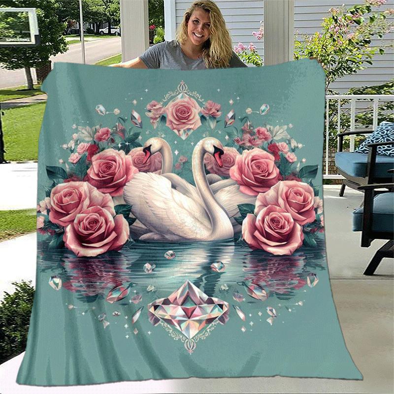 1pc Swan Printing Lightweight Flannel Blanket, Comfortable and Warm Blanket, for Camping Sofa Bed and Couch Office, Suitable for Gift Blanket