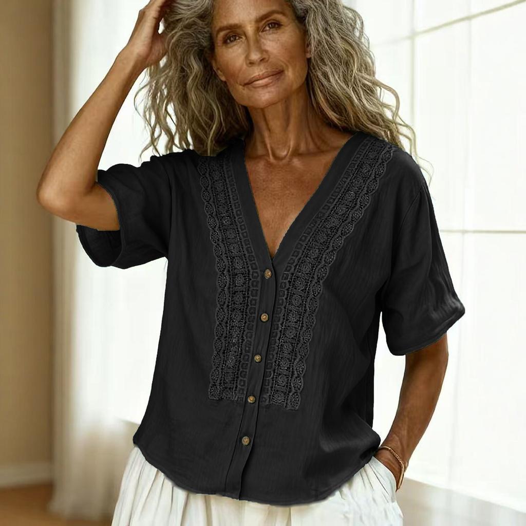 Bohemian V-Neck Short Sleeve Blouse with Crochet Lace Detail