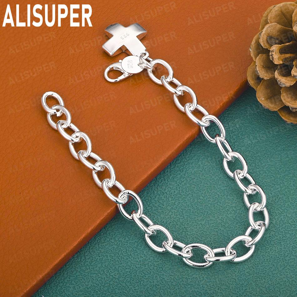925 Sterling Silver Simple 3D Cross Chunky Bracelet Gift Jewelry 20CM