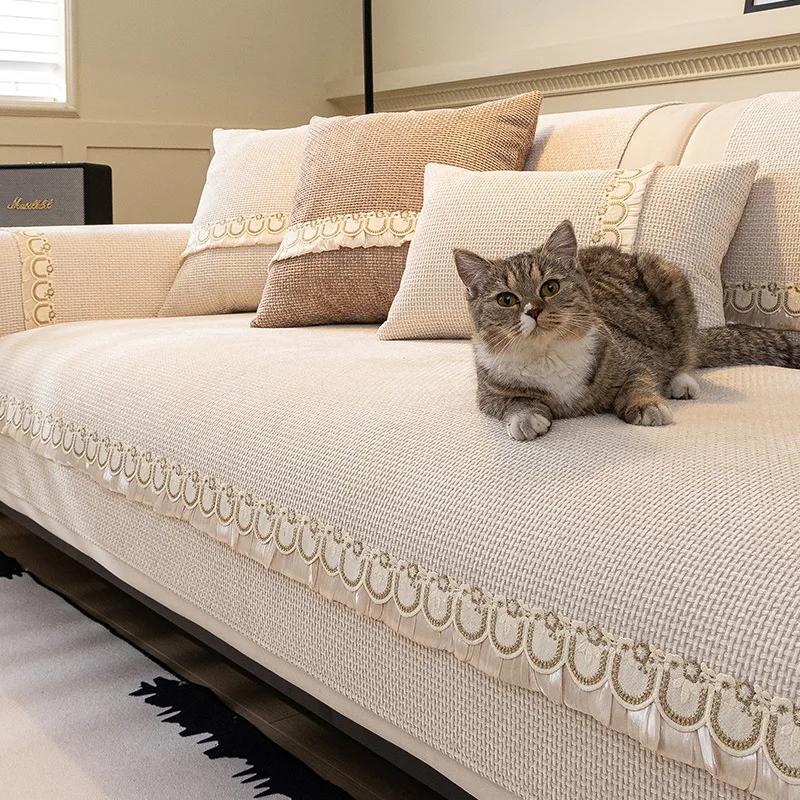 Luxury French Cream Sofa Cushion Four Season Universal Chenille Couch Cover For Living Room Bay Window Pad L-shaped Sofa Decor