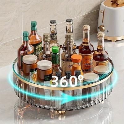 360°Rotating Storage Box Living Room Desktop Cosmetics Organizer Rack Transparent Tray Kitchen Spice Food Storage Shelf