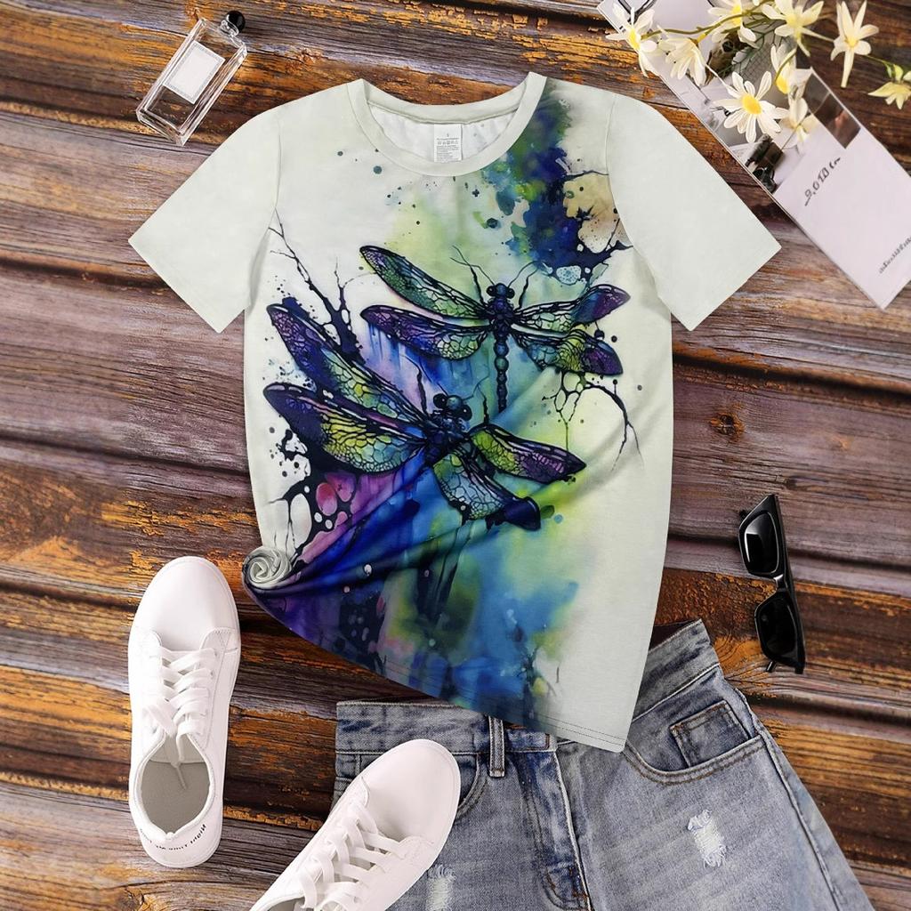 Retro Gradient Tie Dye Dragonfly Print Round Neck Women's T-shirts Casual Fashion Short Sleeved Top
