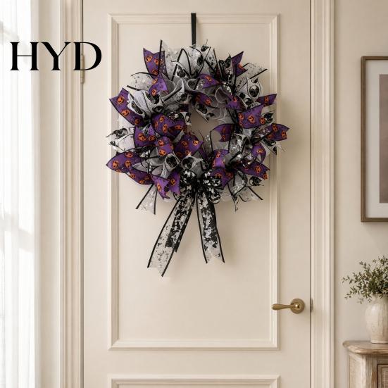 Halloween Spooky Wreath Mesh Ribbon for Front Door, Skull Pumpkin with Party Backdrop Bow, Purple Black Stripe Decorative Garland Doors Walls Windows