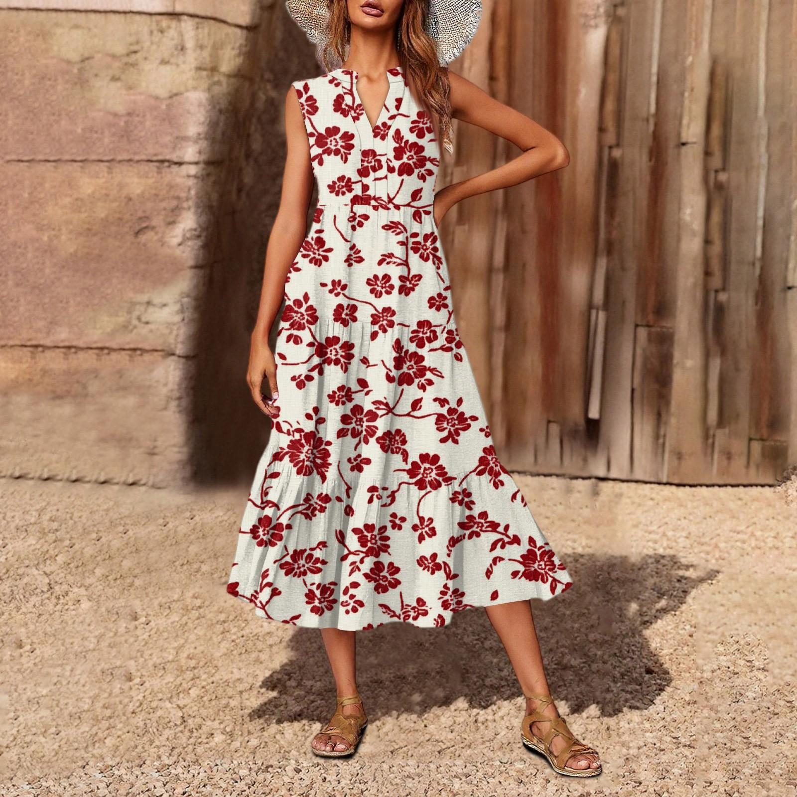 

Женское повседневное и модное платье средней длины с V-образным вырезом без рукавов и принтом S розовый