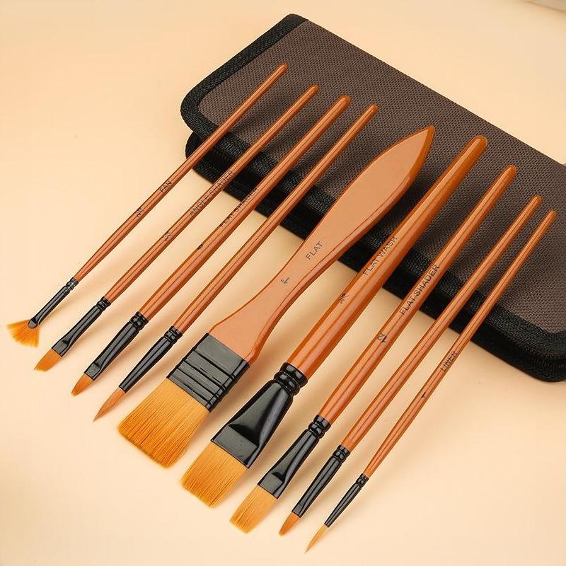 10 Pcs Orange Handle Nylon Bristle Watercolor Brush Set with Canvas Bag for Kids Adult DIY Handcraft Painting