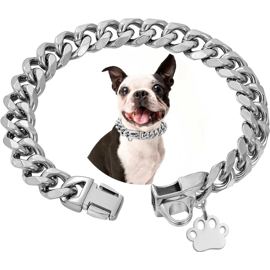 Hochbelastbares Hundekettenhalsband mit Hundepfotenanhänger 15 mm breit Edelstahl Metall Kubanische Gliederkette Halsband für kleine mittelgroße Hunde