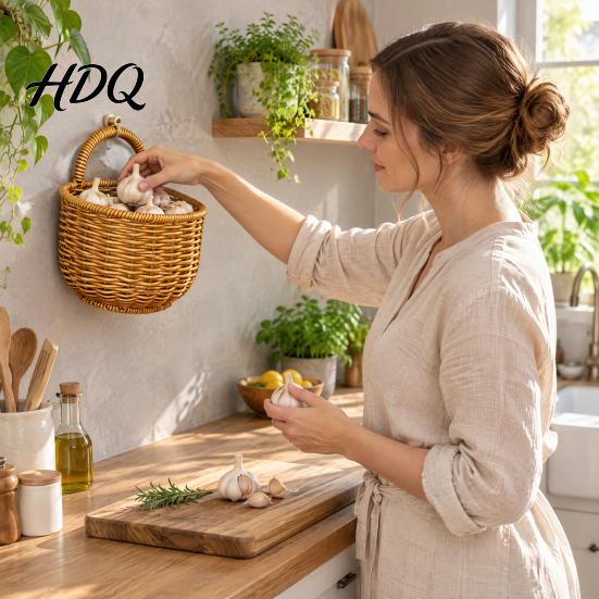 Kitchen Spice And Egg Organizer Woven Hanging Wicker Storage Basket Wall Mounted Imitation Rattan Organizer Versatile Containers Rustic Style
