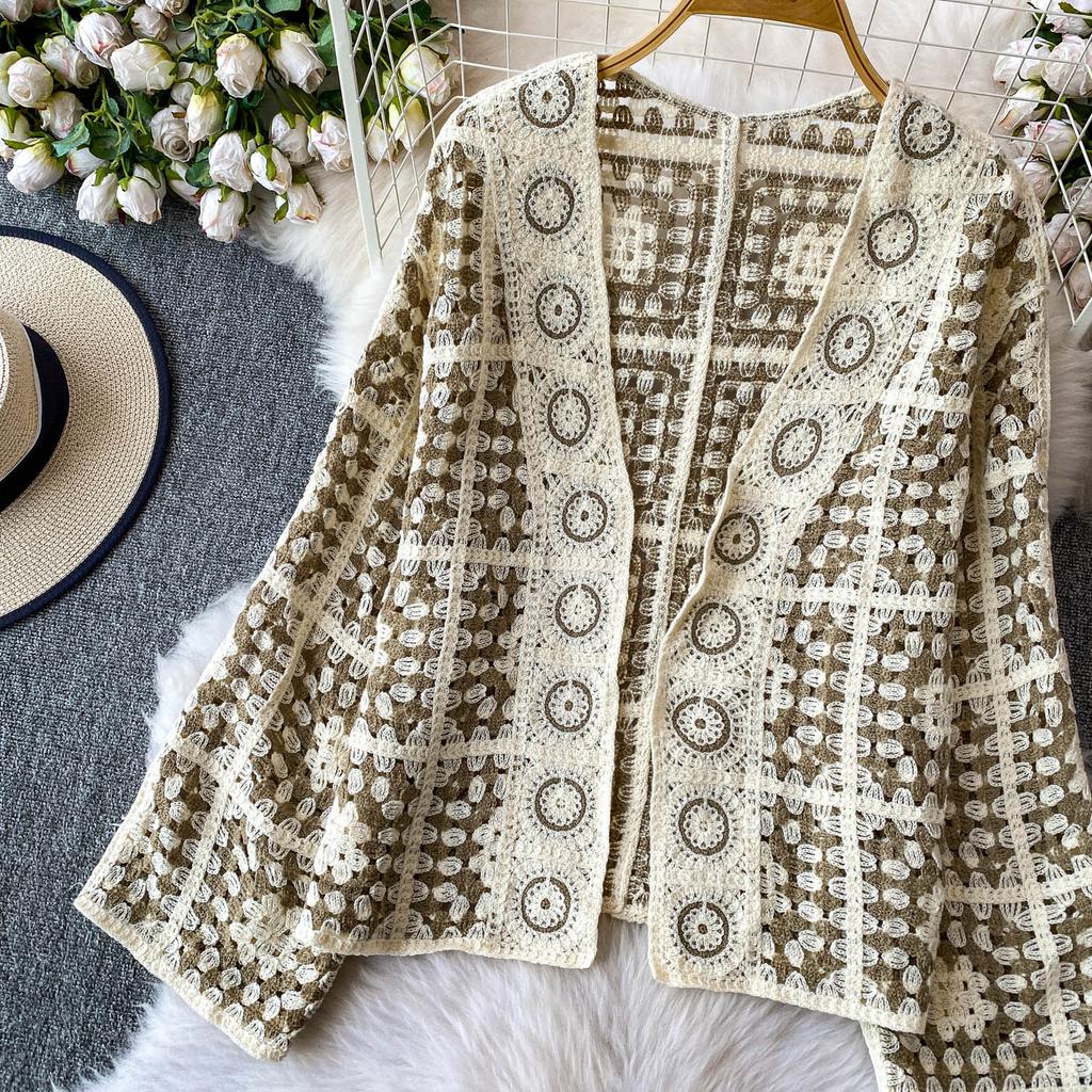 Bohemian Herbst/Winter V-Ausschnitt Langarm Häkel-Ausschnitt All-Match Lockerer Cardigan