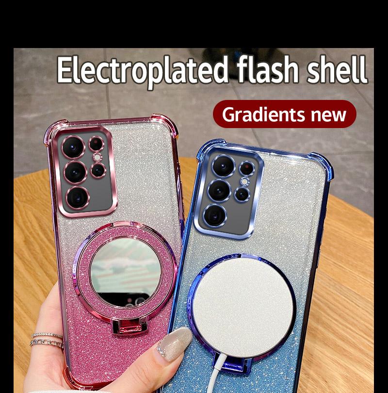 Shockproof Holder Ring Mirror Phone Case For Samsung Galaxy Note 20 S25 S24 S23 S22 S21 S20 FE Ultra Plus A06 A16 A36 5G Cover