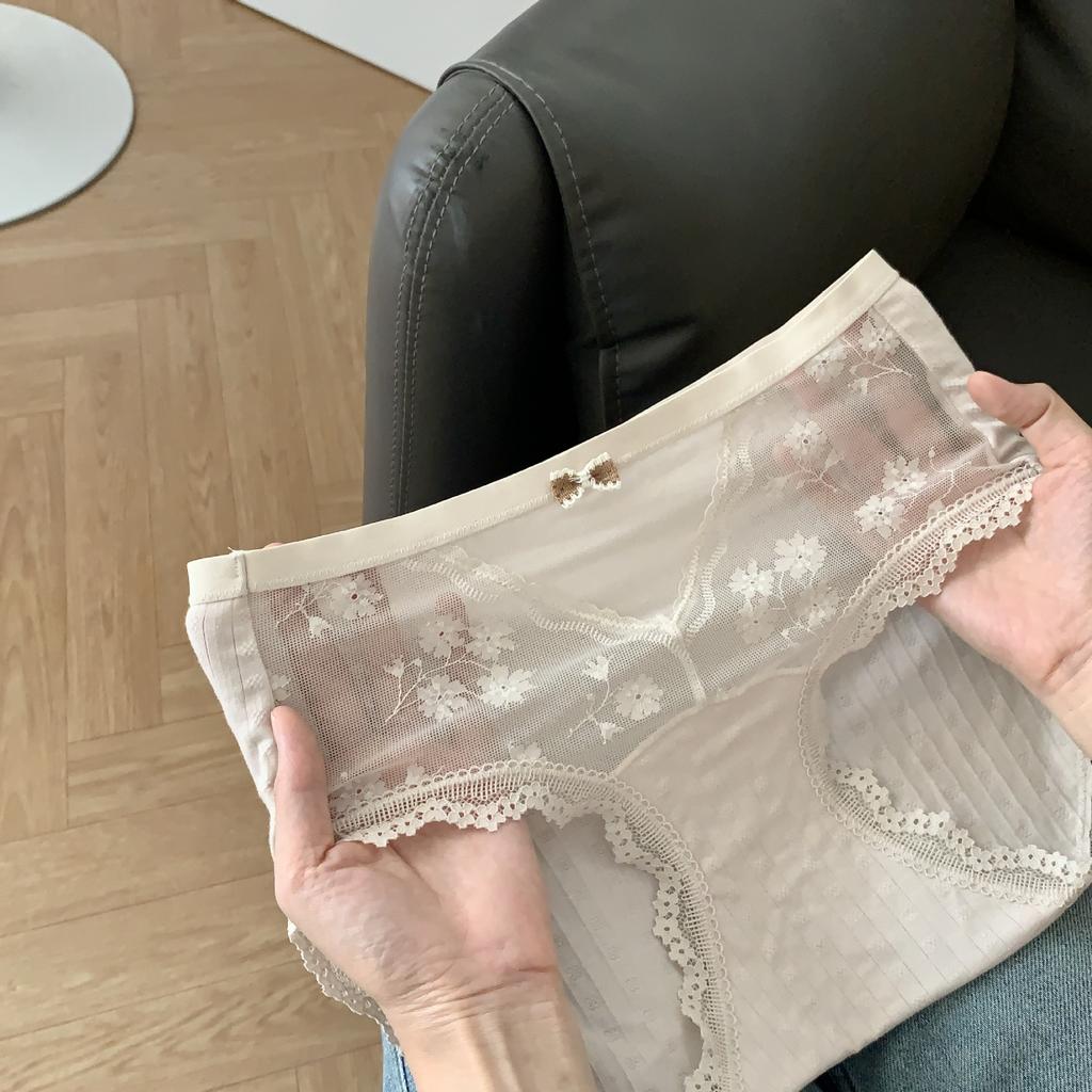 Women's Spring Summer Lace Mesh 10A Antibacterial Extended Crotch Mid Waist Panties