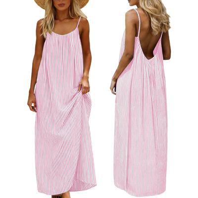 Damen Sommer Baumwolle Leinenähnlich Gestreiftes Maxikleid Ärmellos Spaghettiträger Rückenfrei Locker Lässig Strand Sommerkleid für Urlaub Tägliche Kleidung