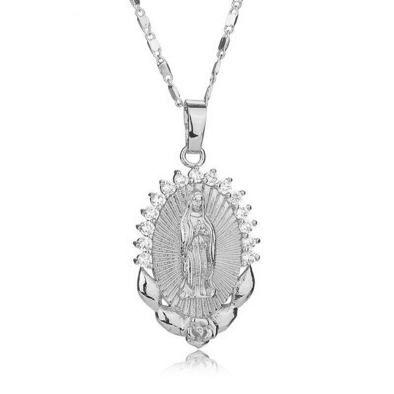 

Women Gold Tone Virgin Mary Religious Zircon Oval Pendant Fashion Chain Necklace 1pcs сірий