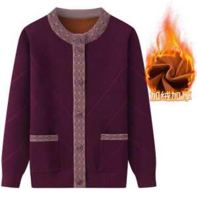 Maminčin jarní podzimní kabát Zimní oblečení Plus chmýří Svetr Zesílený Pletený Kardigan pro Středního věku Starší Lidi