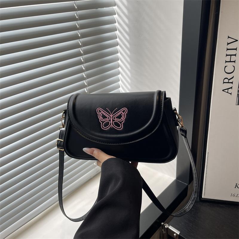 Korean Version Embroidered Butterfly Bag Women's 2025 New Handbag Texture Casual Simple Shoulder Bag Solid Color Small Square Bag