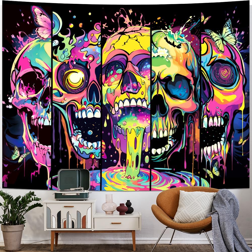 Heopapin Blacklight Skull Art Tapestry UV Reactive Neon Skeleton Butterfly Tapestries Trippy Blacklight Horror Face Tapestry Halloween Aesthetic Wall