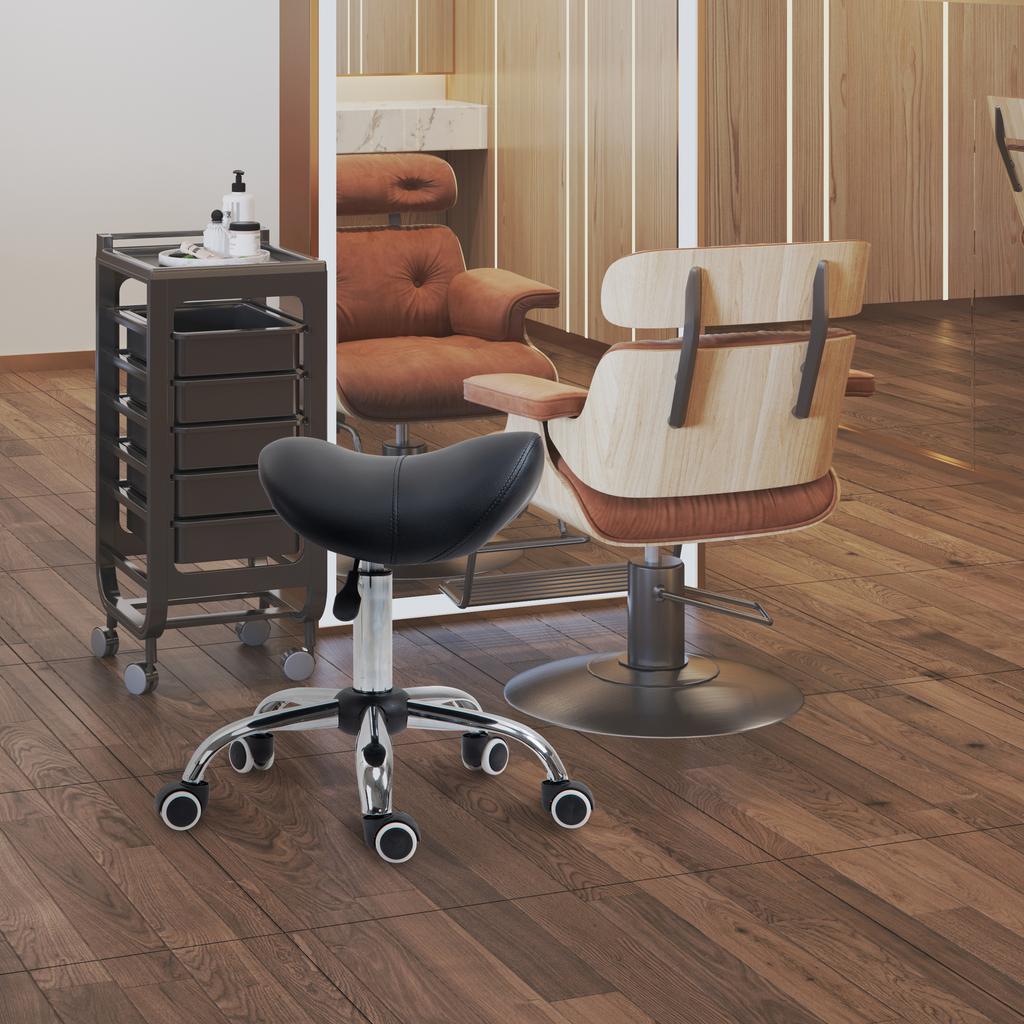 Cosmetic Stool 360 degrees Rotate Height Adjustable Salon Massage Spa Chair Hydraulic Rolling Faux Leather Saddle Stool Mobility, Black