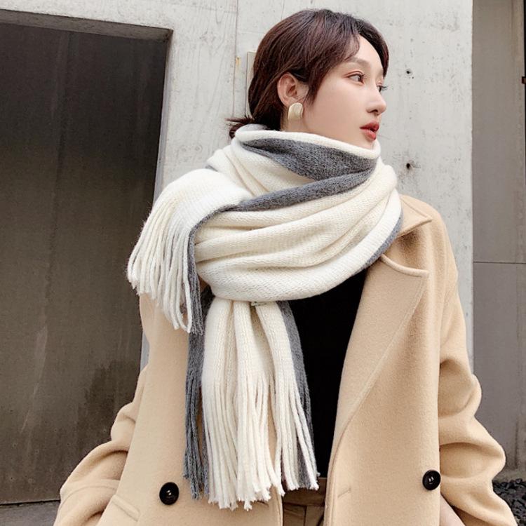 

Корейский стиль Высококачественный полосатый шарф-манишка: Универсальный осенне-зимний шарф-шаль из имитации кашемира 200x42 cm серый/бежевый