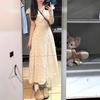 French Temperament Pear-shaped Body Dress Children's Summer New Beige Floral Bubble Sleeve V-neck Dress