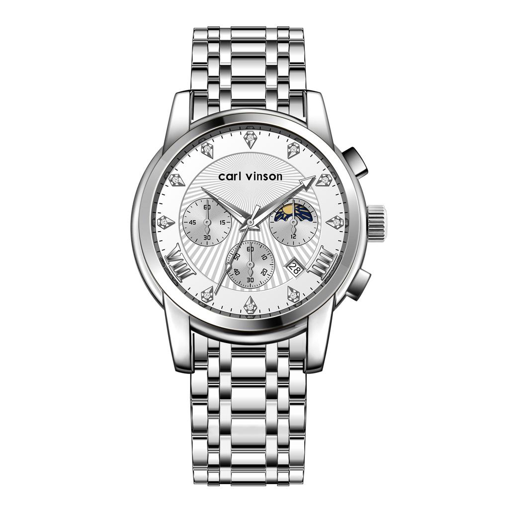 Men's Multi-function Watch Stainless Steel Strap Bow Buckle Men's Watch Moon Phase Waterproof Luminous Watch