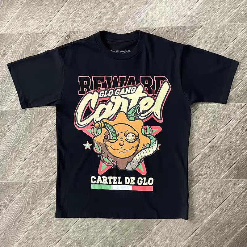 Punk Streetwear TShirt Unisex Glo Gang Front Cartoon Mask Star Graphic Loose Casual Cotton Top