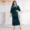 Velvet Embossed Beaded Lantern Sleeve Slim Fit Dress