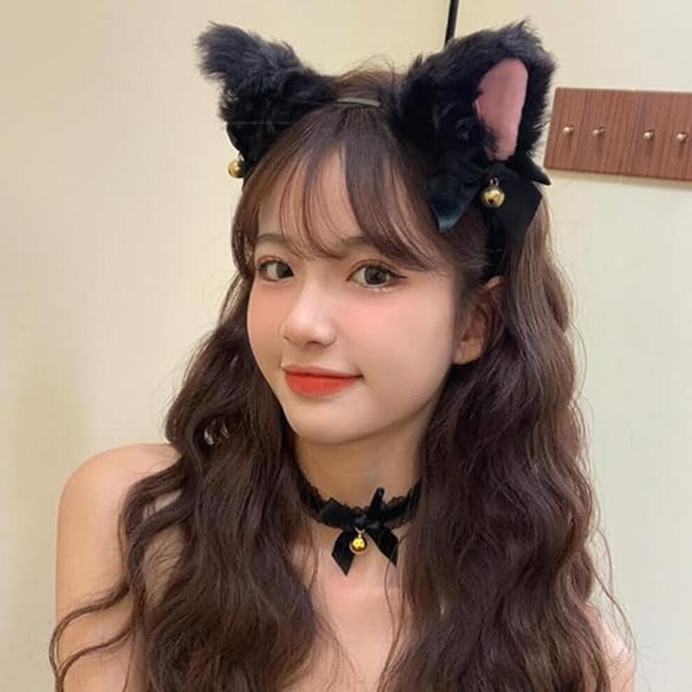 Good Gifts for Loved Ones, Furry Neko Ears Headband and Bow Necklaces, Thoughtful Present for Valentine's Day, Halloween, Mardi Gras, Christmas, Show