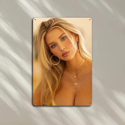 GDMETAL Female Portrait Sign Wall Art 8x12 InchSexy Blonde Gold Earrings Metal Decor for Man Cave Bar Office Home