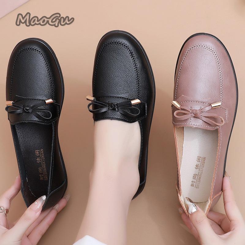 Fashion Spring Autumn Bow Mom's Flat Loafers Soft Sole PU Leather Shoes for Women Slip on Comfortable Casual Shoes Grandma Gift Loafers
