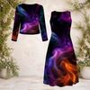 Damen Plus Size Rundhals Langarm Cardigan mit Galaxie-Print und Kleid Zweiteiliges Set