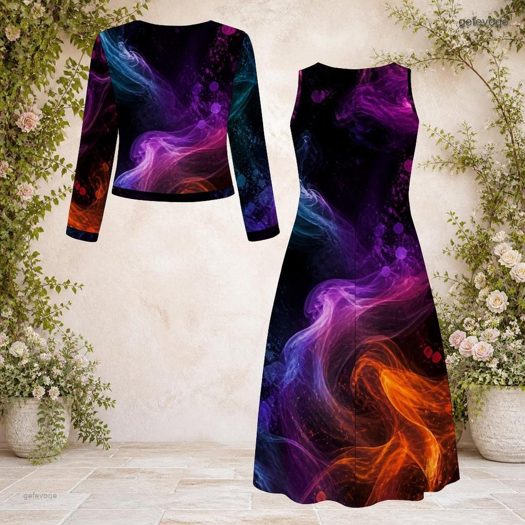 Damen Plus Size Rundhals Langarm Cardigan mit Galaxie-Print und Kleid Zweiteiliges Set
