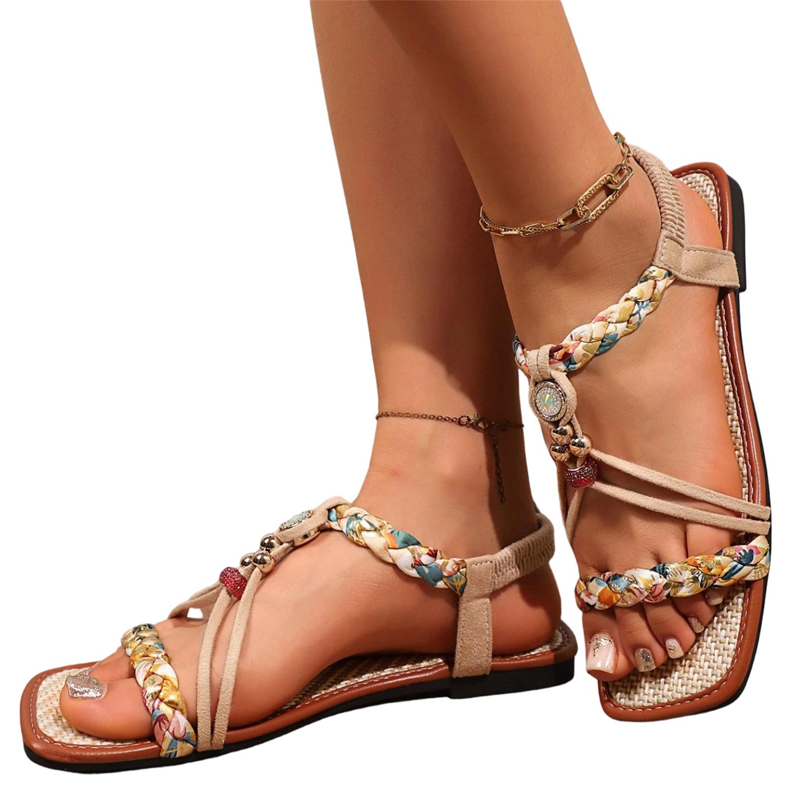 Women s Fashionable Plus-Size Ethnic- Square-Toe Sandals with Crisscross Straps 38 бежевый