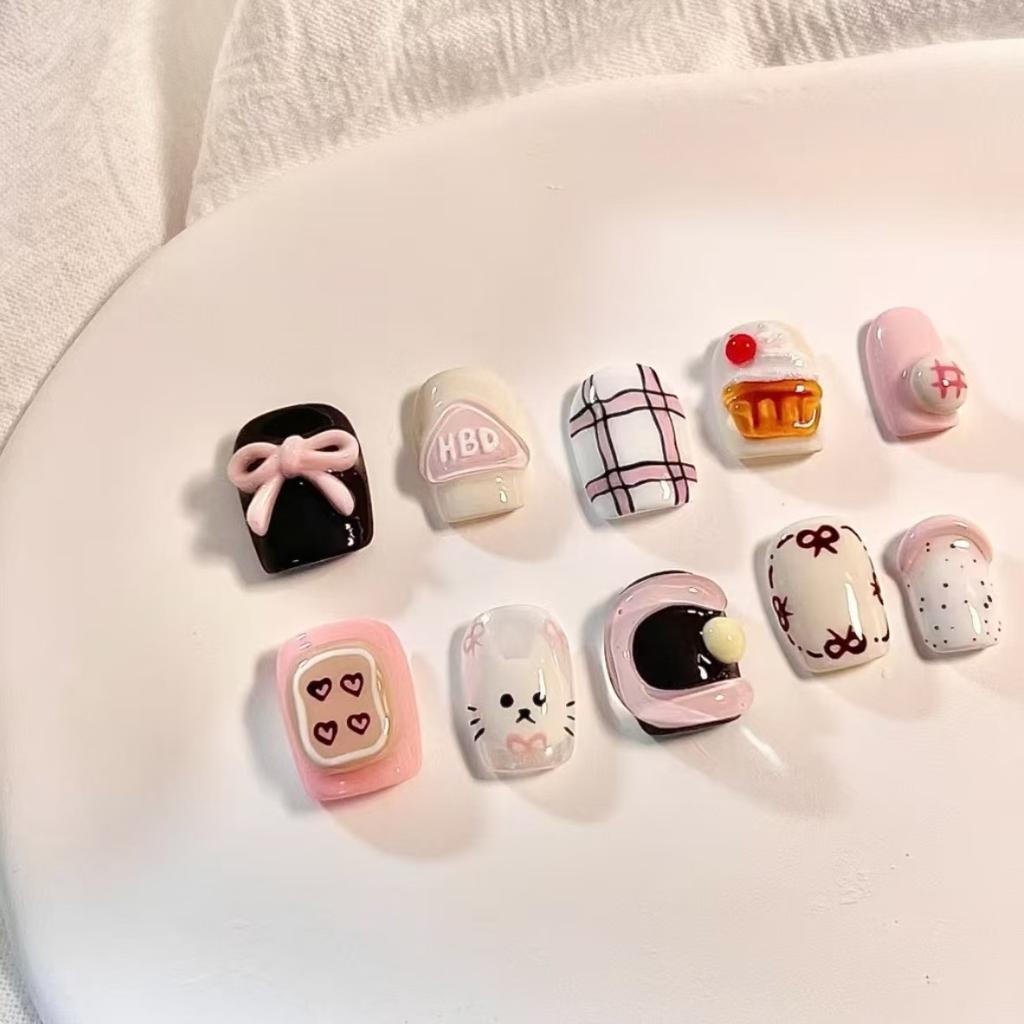 Cute Style Wear Nails Daily Short Nail Art Handmade Three-dimensional Pinching Glue Dopamine Color Removable Fake Nail Sheets