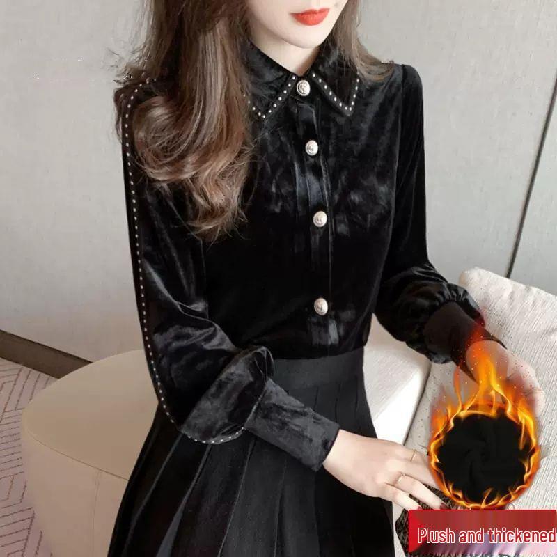 Women's Gold Velvet Flannel Shirt - Thick, Long Sleeve Base Layer for Autumn/Winter 2025