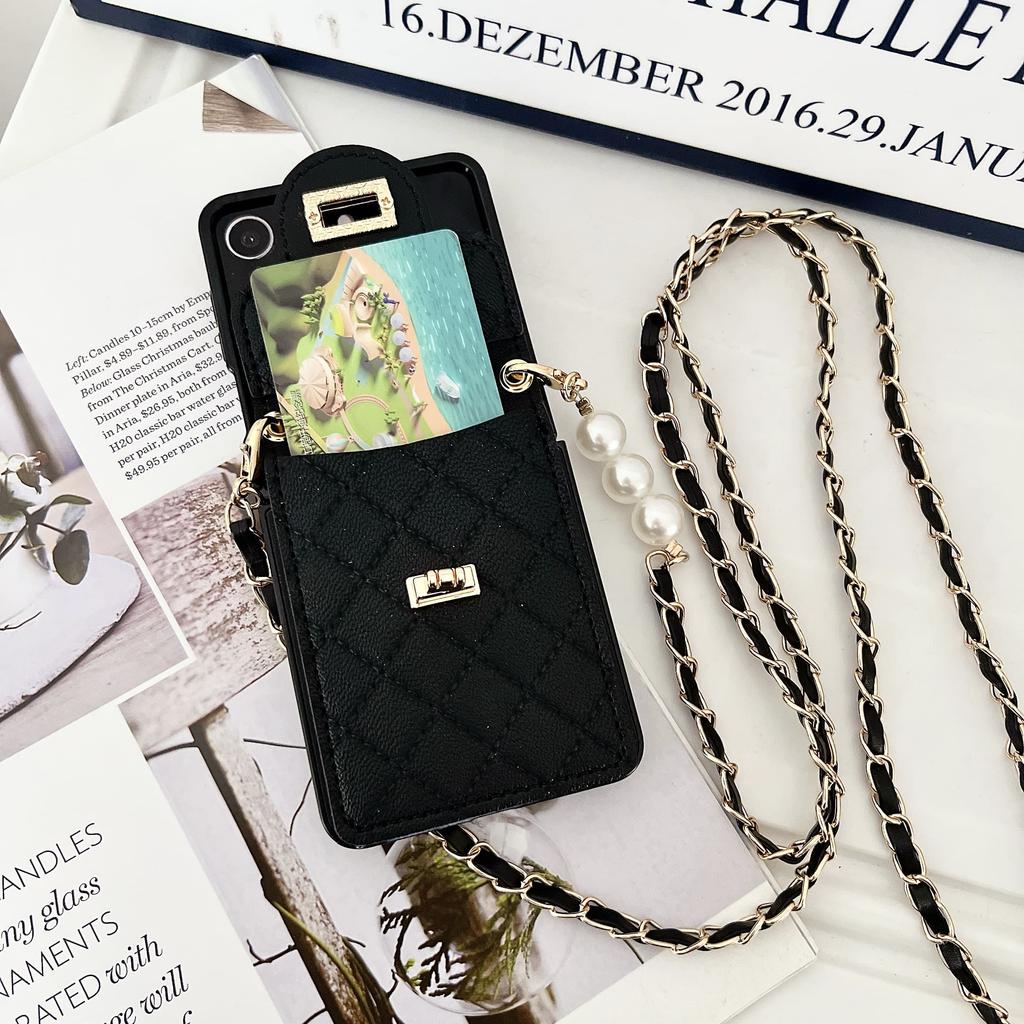 Fragrant Pearl Crossbody For Women Luxurious Card Holder Wallet Phone Case for Samsung Galaxy Z Flip 7 6 5 4 3 Shockproof Cover