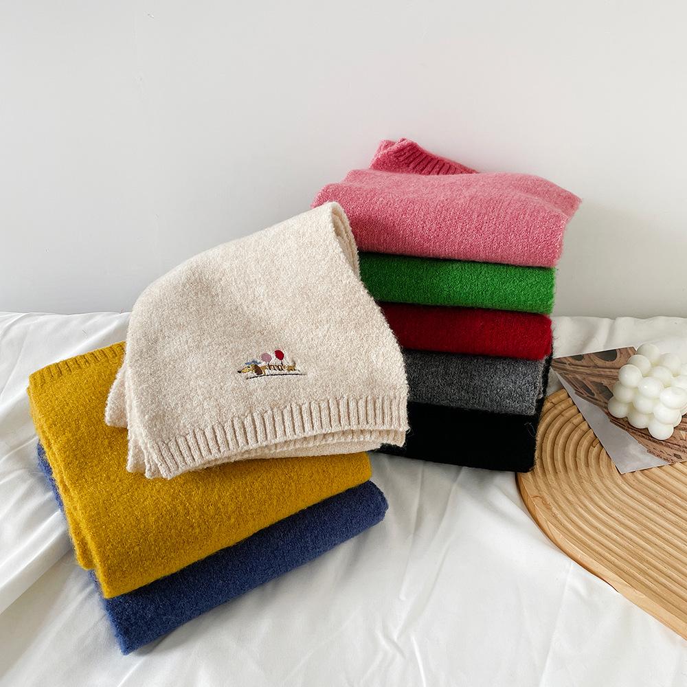 Embroidery Solid Color Scarf Women's Winter Outdoor Warm Korean Version Fashion Versatile Knitted Neck Protection Small Scarf Scarf Wholesale