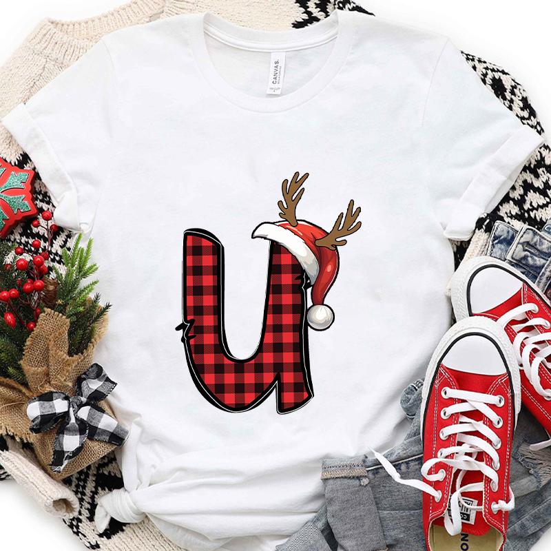 Christmas Alphabet AZ Letter Print Womens Tshirt Santa Graphic Casual Holiday Fashion Top Xmas Party Tees shirt for Women