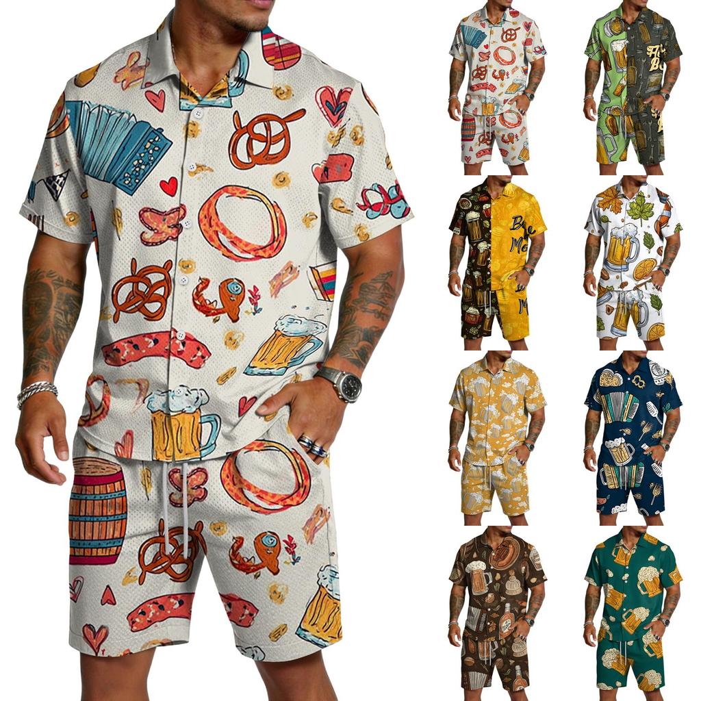 Conjunto de 2 piezas para hombre: Top casual ligero y transpirable de manga corta con estampado y pantalones cortos con cordón para verano