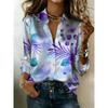 Purple-blue Tropical Leaf Printed Long-sleeved Shirt - Fresh Bohemian Style Collar Women's Shirt
