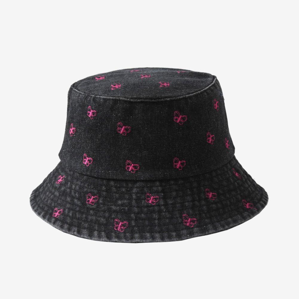 Soft Watermelon Strawberry Embroidered Denim Bucket Hat Butterfly Pattern Wide Brim Denim Fisherman Hat Sun Hat Travel
