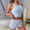 Summer Women Pyjamas Sexy Blue Plaid Tank Tops and Shorts Pijama Casual Slim O-Neck Pajamas Set Loungewear 2 Pieces Set Sleepwear