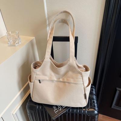 Canvas Bag Casual Commuting Practical Multi-function Shoulder All-matching Pure Color Simple Tote Student Class Schoolbag